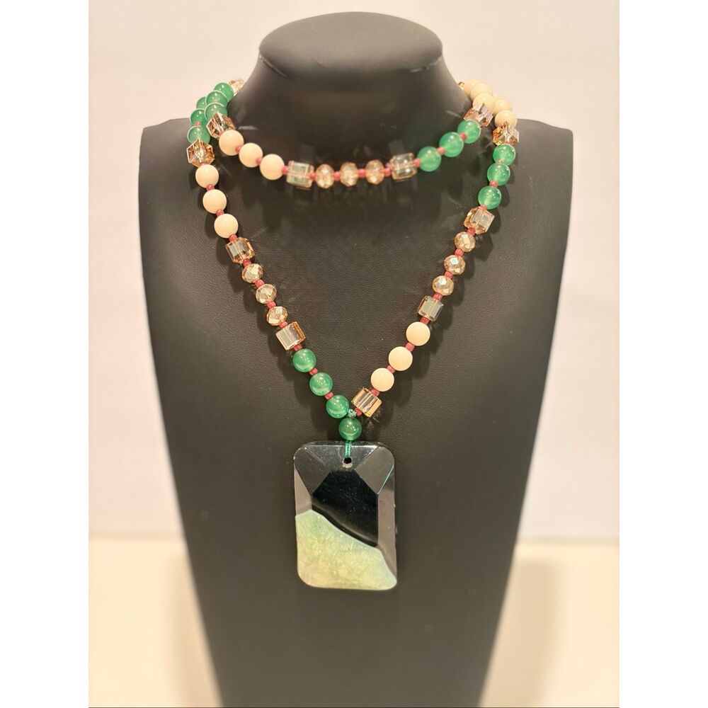 Natural Agate Pendant 36” Long Necklace, Handcrafted Green Dangling Bead Necklac